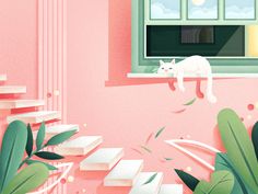 a white cat sitting on top of a window sill in front of a pink wall