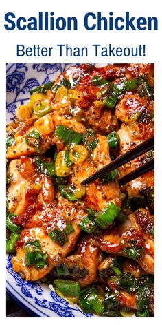 a plate with chicken, peppers and sauce on it that says scallion chicken better than takeout