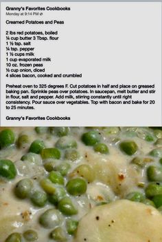 peas and potatoes in cream sauce on top of a sheet of paper with information about the ingredients