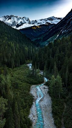 a river running through a lush green forest filled with snow covered mountain peaks in the distance