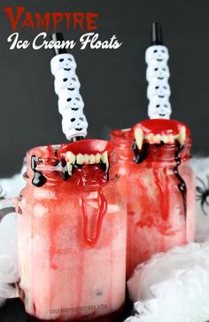 two red mason jars filled with vampire ice cream floats