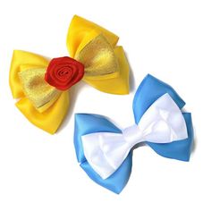 $9.75 per hair bow. Choose between Belle Yellow & Belle Blue. These bows measure approx. 4" tall x 5" wide & are fashioned with an alligator clip on the back. Perfect for gifts, costumes, your vacation to Disney Parks, Disney bounding, Dapper Day, Disney races, or Disney Cruises. A fun accessory for the Disney fanatic of any age!*Note: This is a handmade item, handle with gentle care. Some parts may be considered a choking hazard. Please don't leave children unsupervised while wearing ha Dapper Day Disney, Disney Projects, Newborn Hair Bows, Newborn Hair, Disney Cruises, Disney Hair Bows, Disney Races, Blue Hair Bows, Disney Bows