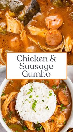 chicken and sausage gumbo in a white bowl with rice