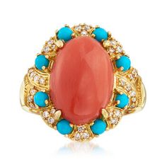 Ross-Simons - Coral, Turquoise, .23ct t. w. Diamond Ring Oval Cut in 18kt Yellow Gold. Size 7. Colorful and alluring, this ring will add a pop of color to any outfit. A 11x15mm oval coral cabochon is enhanced by 2.5mm round stabilized turquoise cabochons and .23 ct. t. w. round brilliant-cut diamonds. Set in polished 18kt yellow gold. 13/16" wide. Diamond, turquoise and coral ring. Coral Engagement Ring, Turquoise And Diamond Ring, Diamond Ring Oval, Emerald Earrings Drop, Turquoise And Coral, Coral Ring, Colorless Diamond, Coral Jewelry, Heart Pendant Diamond