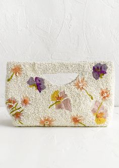 Dried Flower Beaded Clutch | LEIF Dried Flower Beads, Beaded Clutch, Dried Floral, White Backdrop, Beaded Purses, Beaded Bags, Canvas Pouch, Butterfly Design, White Satin