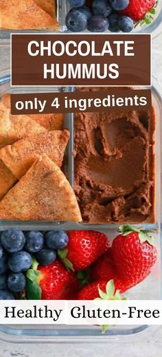 healthy gluten - free chocolate hummus in containers with strawberries and blueberries