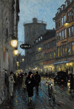 an oil painting of people walking in the rain on a city street at night time