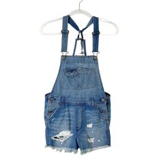 New With Tags! Abercrombie & Fitch Denim Shorts Overalls Shortalls Womens Xs Distressed 7951 Casual Cutoff Shortalls With Pockets, Cutoff Shortalls With Pockets For Spring, Distressed Shortalls For Spring, Spring Distressed Medium Wash Shortalls, Spring Cutoff Shortalls With Pockets, Summer Shortalls With Frayed Hem, Distressed Light Wash Overalls For Summer, Summer Distressed Light Wash Overalls, Spring Cutoff Denim Shortalls