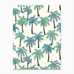 a wallpaper with palm trees on it in blue and green colors, against a white background