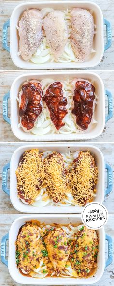 four different types of food in plastic containers on a wooden table with text overlay that says easy chicken enchiladas