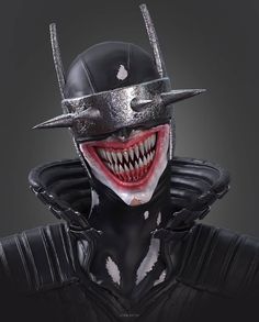 a close up of a person wearing a helmet with fangs on it's face