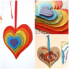 four different pictures with hearts hanging from them and one has a string attached to it