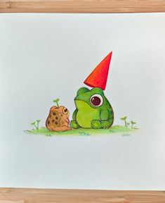 A colored pencil drawing of two frogs sitting together one wearing a pointy red hat Sitting Together, Frog Sitting, Colored Pencil Drawing, Marker Drawing