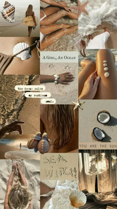 a collage of photos with shells and seashells on them, including the words you are the sun