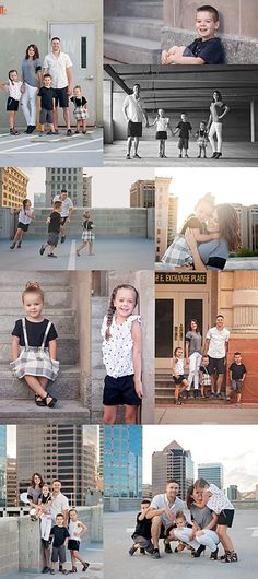 a collage of photos with people and children posing for pictures in front of buildings