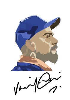 a drawing of a man wearing a blue hat with the word'n d on it