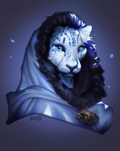 a painting of a white lion with blue eyes and fur on it's head