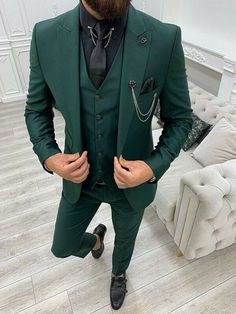 Wedding Suits Men Emerald Green, Green Suit And Wedding Dress, Black Suit Green Accents Men, Jade Green Groomsmen, Mens Goth Wedding Suit, Emerald Green 3 Piece Suit Men, Emerald Suit Groom, Wedding Ideas Tuxedo, Black Forest Green And Gold Wedding