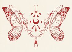 a drawing of two butterflies on a white background with red ink in the shape of an arrow