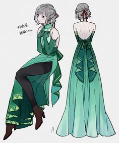 a drawing of two women in green dresses