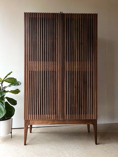 a wooden cabinet next to a potted plant on the floor in front of a white wall