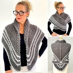 the woman is wearing a gray and white crocheted shawl with black glasses