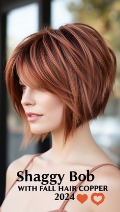 Asymmetrical Bob in Fall Hair Copper 2024 ✨ Short Angled Bob Hairstyles, Stacked Angled Bob Haircut For Fine Hair, Short Copper Brown Hair, Bob With Copper Highlights, Best Short Haircuts For Round Faces, Copper Brown Bob Hair, Fall Hair Colors Short Hair, Copper A Line Bob, Copper Bob Hair