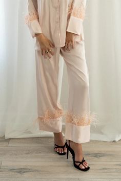 Blush Feather Pajama Pants Set – Spikes and Seams Bridal Party Robes, Satin Pants, Wedding Robe, Pink Feathers, Matte Satin, Satin Pajamas, Bridesmaid Robes, Satin Fabric, Pajama Set