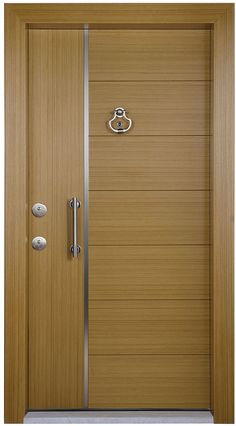 a wooden door with metal handles and two knobs on it's side panel