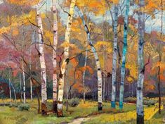 an oil painting of trees in the fall