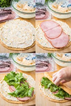 the process of making sandwiches with ham and lettuce on bread crusts is shown