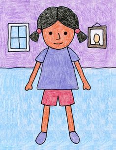 a child's drawing of a girl standing in front of a purple room with two windows