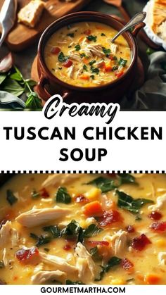 creamy tuscann chicken soup in a bowl with bread on the side