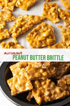 peanut butter brittle is cut into pieces and placed on a plate