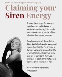 A woman who is rock solid in her appeal, much like a siren, has an irresistible magnetism that draws others in.  Mesmerizing Presence: She has a captivating energy that naturally attracts attention.  Enigmatic Allure: There's a sense of mystery about her that keeps people intrigued.  Magnetic Charisma: Her charm and confidence pull others toward her like a magnet.  | feminine healing | feminine energy | femininity writings | art of seduction archetypes Siren Energy, Healing Feminine, How To Be Seductive, The Art Of Seduction, Energy Tips, Feminine Energy Aesthetic, Beauty Routine Tips, Art Of Seduction, Feminine Women