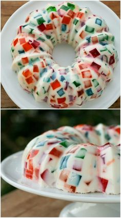 the cake is decorated with colorful icing and sprinkles on it's sides