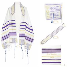 Prayer shawl, white with purple and gold; 72 x 22 wideWords of blessing quoted in English The Lord bless you and keep you. The Lord make His Face shine on you and be gracious to you. The Lord turn his face towards you and give you peace. Numbers 6:24-26, around the collar of the shawl.Aaronic blessingOn the four corners are prayers from the Bible, in English, taken from Deuteronomy 28:2, John 15:5, John 15:16, Deuteronomy 1:11.Embellished with metallic gold; Israel Messianic design and gold accentsThe prayer shawl (or tallit) is trimmed in traditional fringesIncluded with the shawl is a matching storage bag with zippered closure and embroidered title The Blessing TallitAn explanatory enclosure explains the significance of the shawl , the Messianic symbol and the four prayers that are shown Deuteronomy 1, Deuteronomy 28, John 15 16, John 15 5, Prayer Shawl, The Blessing, Blessed Quotes, Mexican Style, Holy Land