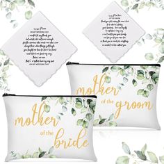 three white and gold wedding gifts with greenery on the bottom, one is for mother of the groom