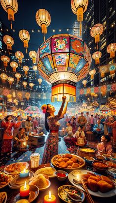 a woman standing in front of a table filled with food and lit up lanterns hanging from the ceiling