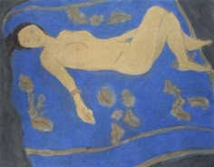 a drawing of a naked woman laying on a blue surface