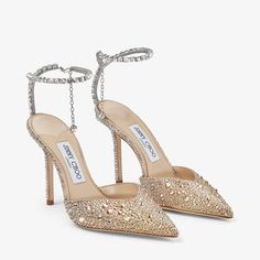 Gold Satin Pumps with Crystals Jimmy Choo Saeda 100, Jimmy Choo Saeda, Jimmy Choo Gold, Crystal Anklet, Crystal Heels, Jimmy Choo Heels, Gold Pumps, Satin Pumps