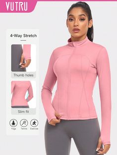 1pc Women Sports Jacket With Thumb Hole, Slim Fit For Running And Yoga Baby Pink   Long Sleeve Fabric Plain None Medium Stretch All Women Activewear, size features are:Bust: ,Length: ,Sleeve Length: Yoga Baby, Sports Jackets Women, Gym Jacket, Sports Jackets, Fit Workout, Estilo Hip Hop, Pink Collar, Compression Shirt, Women Sports