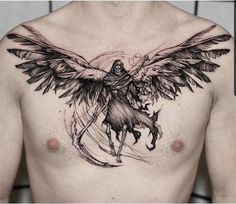 a man's chest with an angel tattoo on it and a horse in the middle