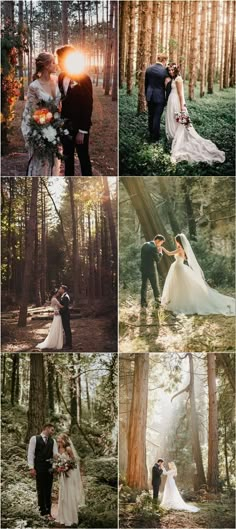 the wedding couple is posing for pictures in the woods