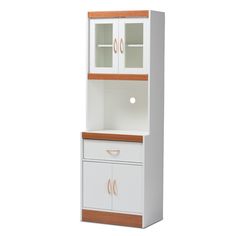 a white and wood cabinet with two doors on the front, one door open to reveal a drawer