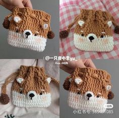 four pictures of small crocheted purses with animals on the front and back