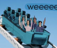 four people are riding on a roller coaster with the words weeeeeee above them