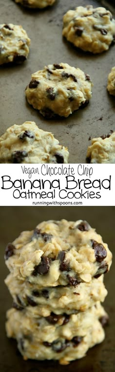 vegan chocolate chip banana bread cookies on a baking sheet and in the background, there is a batch of them