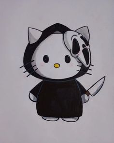 a drawing of a hello kitty holding a knife