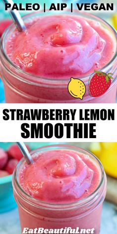 two jars filled with strawberry lemon smoothie